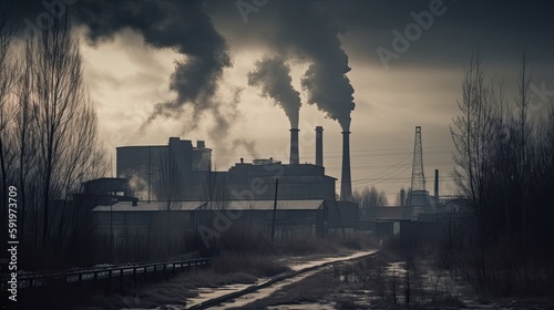 polluting factory background with lots of black smoke chimneys, production emissions, nature pollution theme 