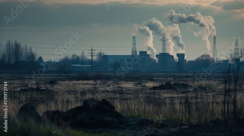 polluting factory background with lots of black smoke chimneys, production emissions, nature pollution theme 