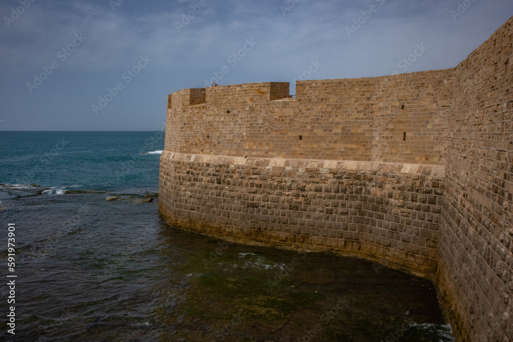 Sea walls of old town of Akko in Israel