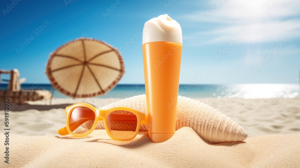 Sunscreen product ads template, mockup on beach and sends background. skincare healthcare concept