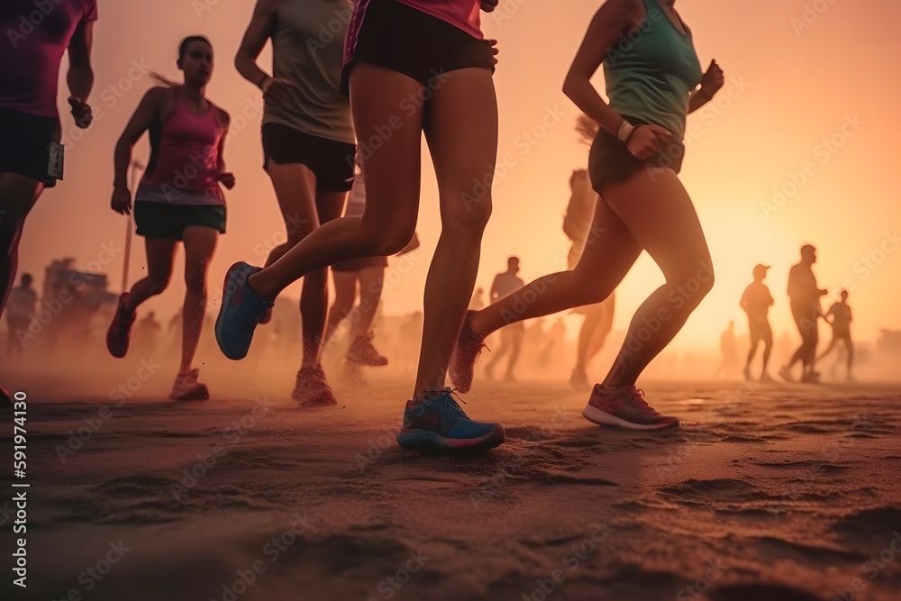 Close-up legs of runner group running on sunrise or sunset at seaside trail, AI generative.
