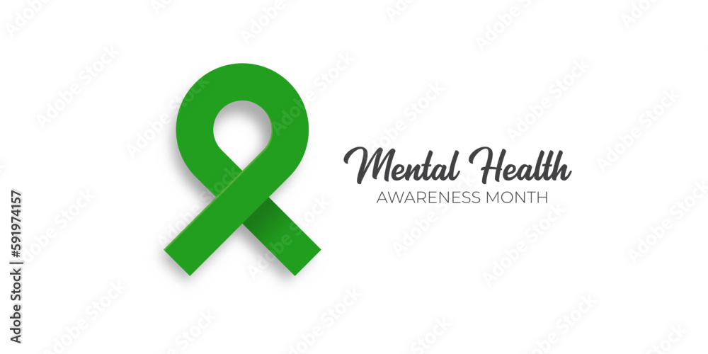 Mental Health Awareness Month in May with green ribbon isolated on white background. Vector Mental Health month Poster, card, banner, flyer and background. Mental Health Awareness Month in May with green ribbon isolated on white background. Vector Mental Health month Poster, card, banner, flyer and background.
