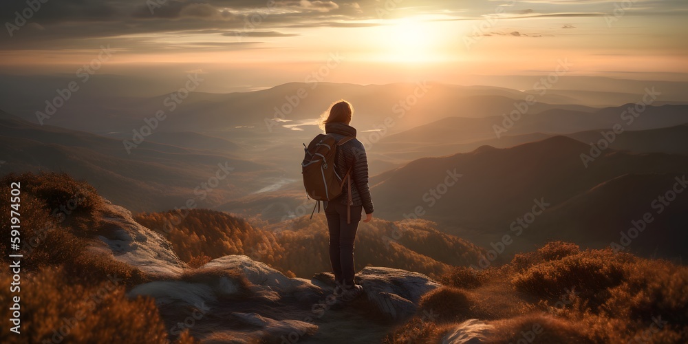 Abstract Female Hiker stands at the summit of a difficult mountain climb to be greeted with a beautiful view of the sunrise. Generative ai. Advertising photography style. Abstract Female Hiker stands at the summit of a difficult mountain climb to be greeted with a beautiful view of the sunrise. Generative ai. Advertising photography style.