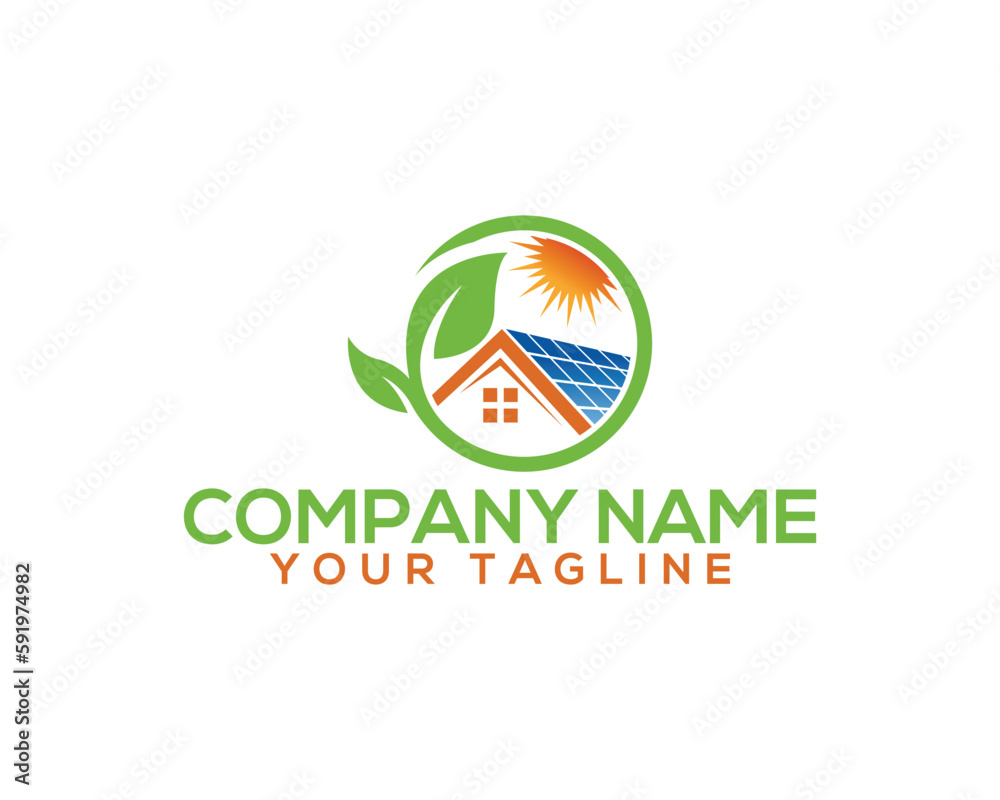Abstract natural solar energy and home  logo design. Sun, leaf, Solar panel and house premium vector illustration.