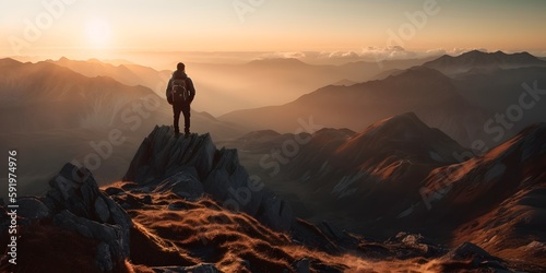 Abstract Male Hiker stands at the summit of a difficult mountain climb to be greeted with a beautiful view of the sunrise. Generative ai. Advertising photography style. © ckybe