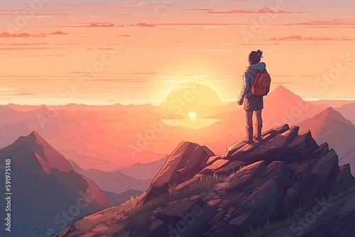 Abstract Male Hiker stands at the summit of a difficult mountain climb to be greeted with a beautiful view of the sunrise. Generative ai. Advertising illustration style.