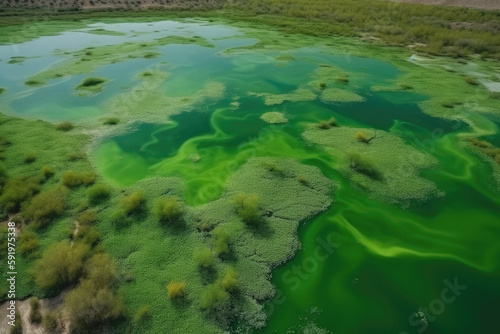 Amazing blooming algae on green river, aerial view created with Generative AI technology