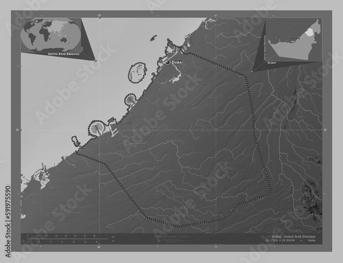 Dubay, United Arab Emirates. Grayscale. Labelled points of cities photo