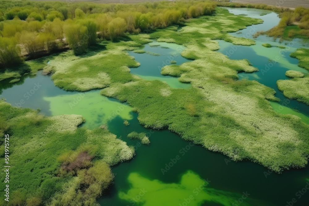 Amazing blooming algae on green river, aerial view created with Generative AI technology