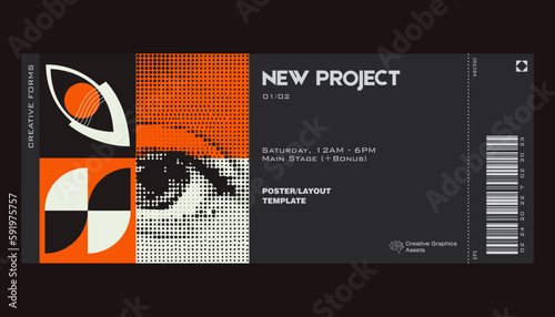 Modern exhibition ticket template layout made with abstract vector geometric shapes. Brutalism inspired graphics. Great for branding presentation, poster, cover, art, tickets, prints, etc.
