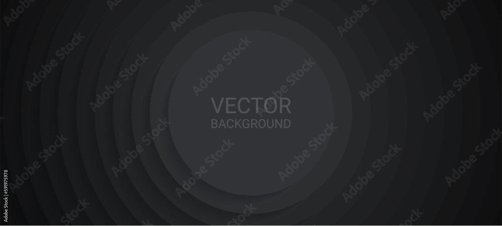 Concentric circles with shadows. Abstract dark background. Black circulars. Cut out paper. Vector graphic design
