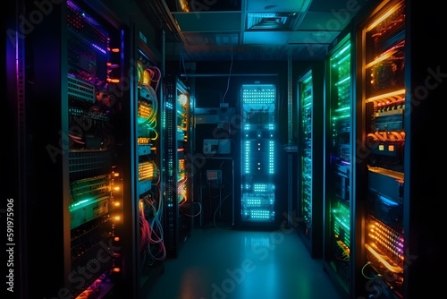 Neon lights. Platform for hosting servers contemporary Internet contents. Rack housing server data storage hardware. Connected by a lot of network cables. Generative AI