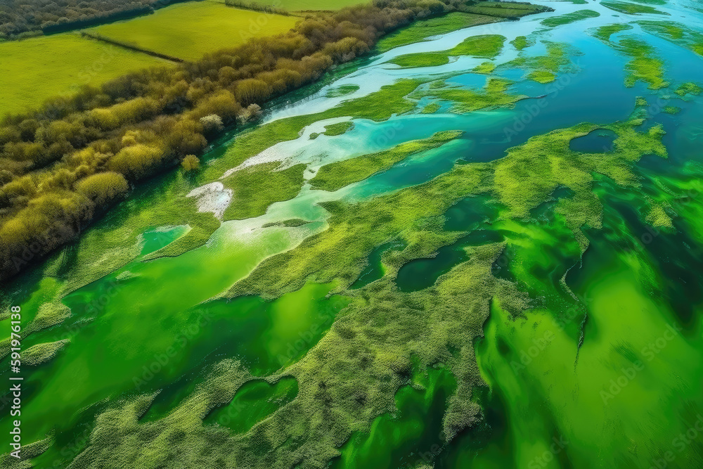 Amazing blooming algae on green river, aerial view created with Generative AI technology