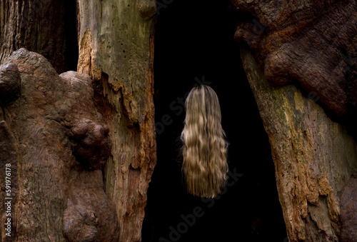 A woman with long, blond hair stands in the old growth redwood forest, her body blacked out by the darkness between the trees so it looks like a floating head; California, United States of America photo