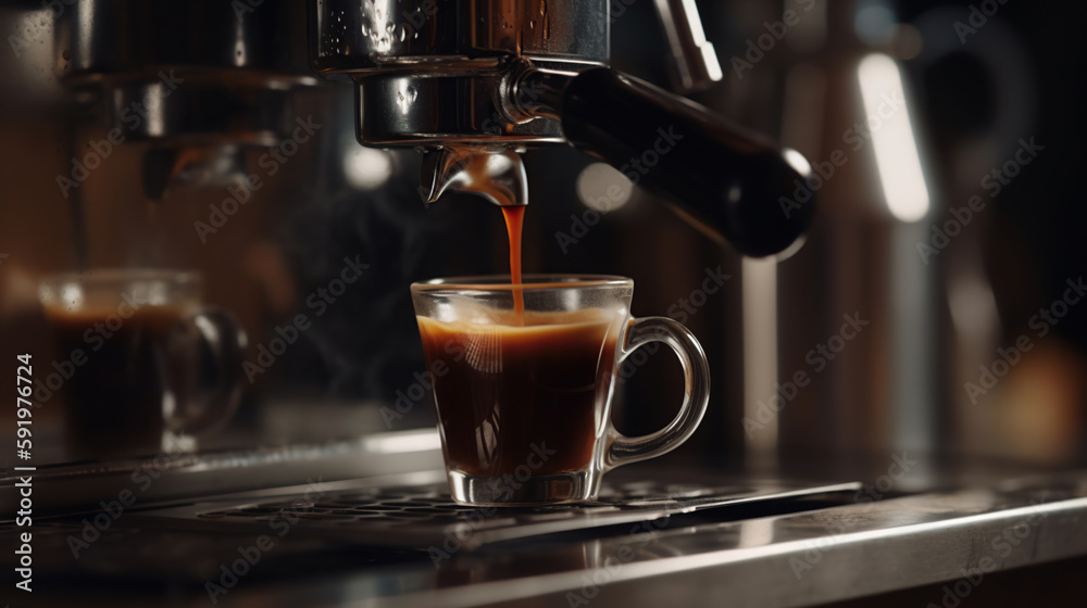 Coffee extraction from professional coffee machine. Generative AI