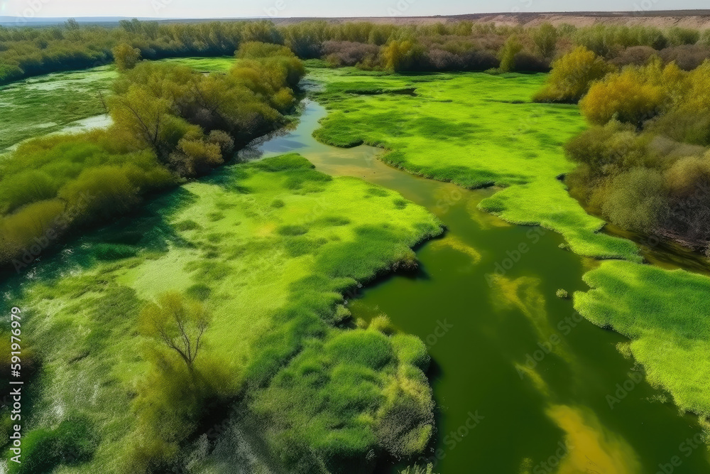 Amazing blooming algae on green river, aerial view created with Generative AI technology Amazing blooming algae on green river, aerial view created with Generative AI technology