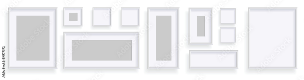Fototapeta premium Photo frames isolated on white, rectangular frames mockup. Set of empty framing for presentations. Photo or picture painting frame, for art gallery interior. Vector template