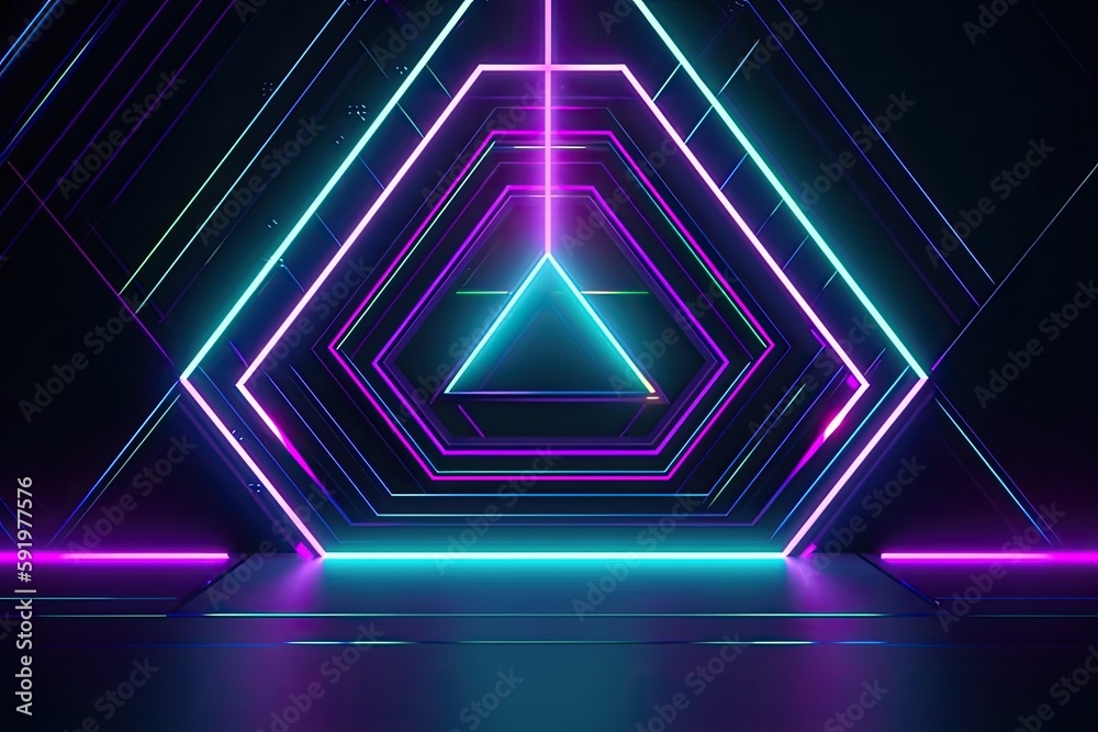 Neon retro futuristic background, triangle. Generative ai.