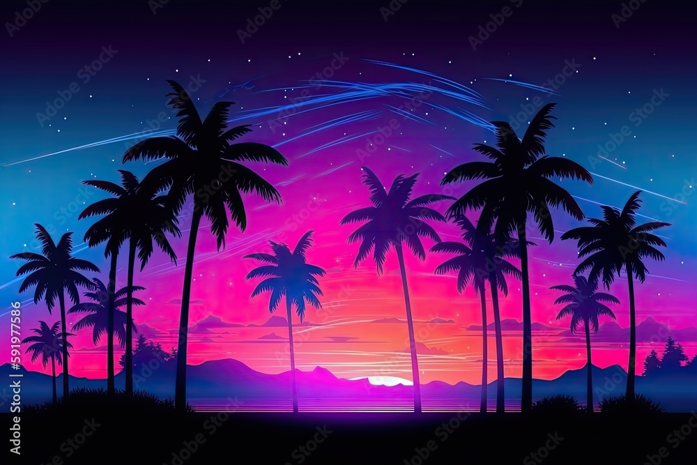 Neon sunset over a tropical landscape with palm trees. Generative ai.