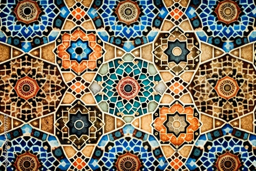 Seamless Moroccan mosaic Tile pattern with colorful Patchwork. Vintage Portugal azulejo, Mexican Talavera, Italian majolica Ornament, Arabesque motif or Spanish ceramic Mosaic photo