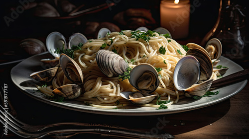  The dish is a classic Italian Spaghetti alle Vongole, which is made with fresh clams, garlic, white wine, and parsley.