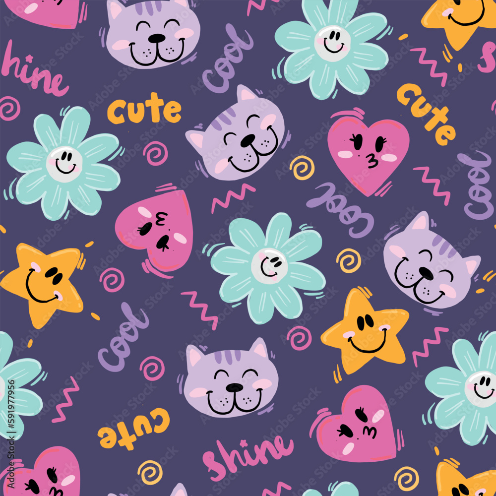 Seamless pattern with star, heart, cat, flower. Background for textile, fabric, stationery, clothes, accessories and other designs. Seamless pattern with star, heart, cat, flower. Background for textile, fabric, stationery, clothes, accessories and other designs.