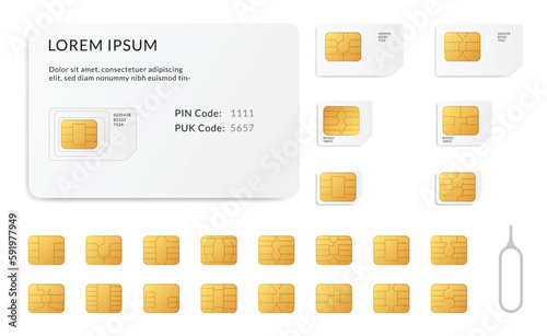 Sim card types icon set and sim tool isolated. Cellular phone card - Normal, Mini, Nano. Smart cellular wireless communication gsm chip, electronics and telecommunication microchip design on white