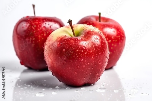 Three red apples on a white background with water drops photo