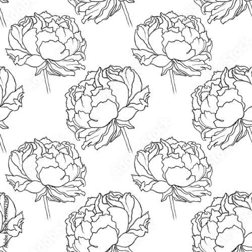 Minimalistic seamless pattern with painted peonies. Floral pattern for textiles, fabrics, clothing, cards, wallpapers, stationery, and other accessories.