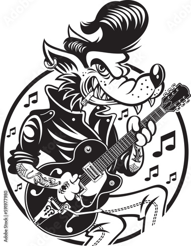 Rockabilly style wolf playing a electric guitar