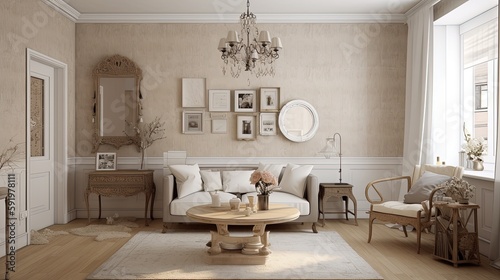 Modern apartment interior design shabby chic 3d render