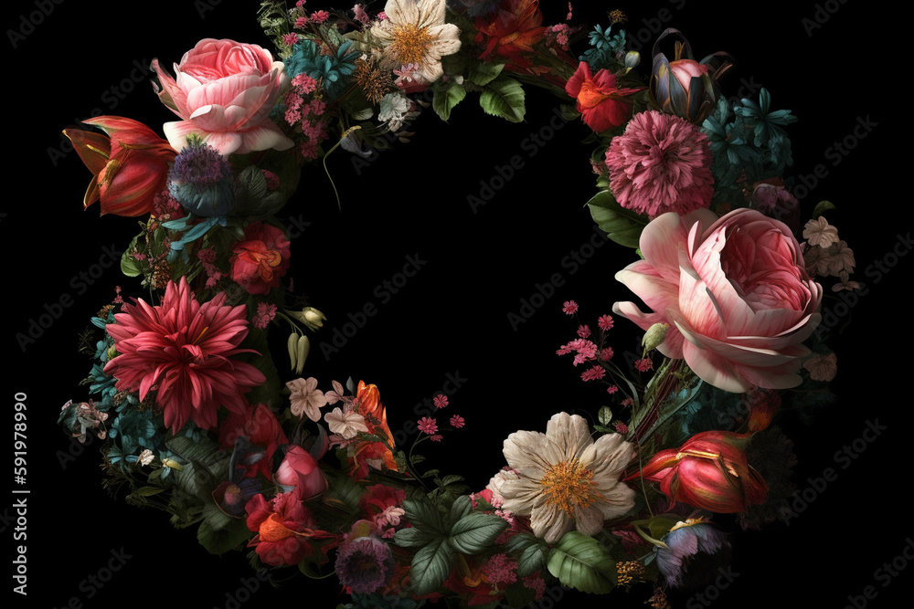 Bouquet of roses on black, flower rings, ai generative Bouquet of roses on black, flower rings, ai generative