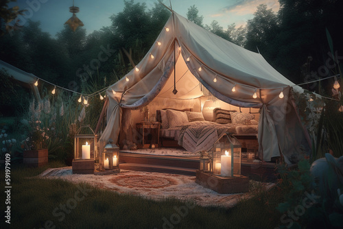 Glamorous luxury camping with light, Camping tent, ai generative