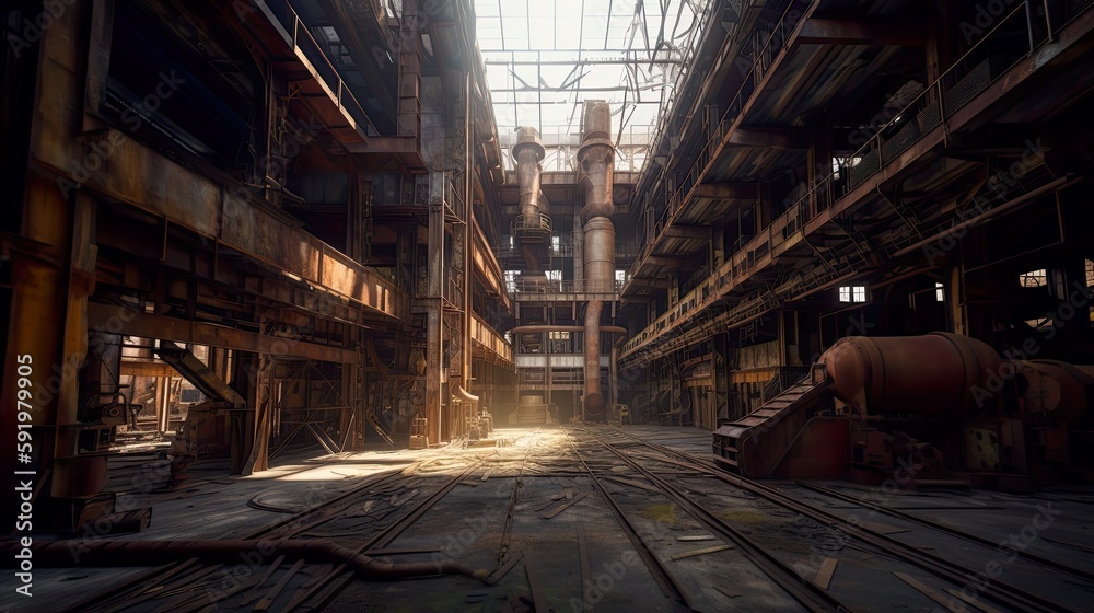Abandoned steel factory, damaged machinery illuminated with daylight. AI generative industrial interior.
