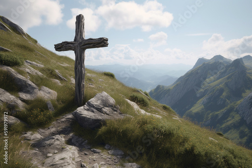 Cross on the top of the mountain, Cross in landscape, Ai generative
