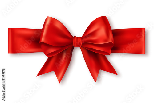 Gift bow with ribbon. Horizontal silk red ribbon with decorative bow, realistic luxury holiday satin ribbon for decor or holiday packaging, isolated on white background.
