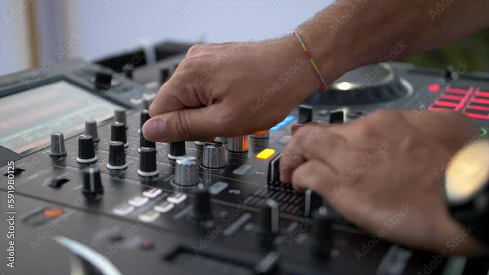 Close up hands deejay mix music. Slow motion 4K Close up hands deejay mix music. Slow motion 4K