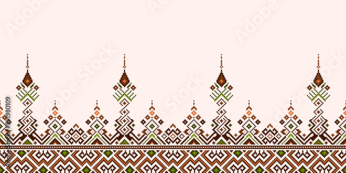 Cross Stitch and Pixel Ethnic Patterns Bring Vibrant Style to Fabrics, Sarees, and Ikat Designs, Brown color cross stitch. Traditional Design.