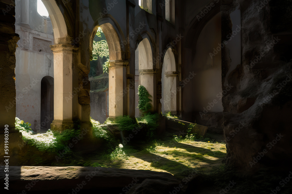 A close-up of a ruined Irish abbey, monastery or church overgrown with grass and shrubs, with historic ancient architecture still visible. AI generative.