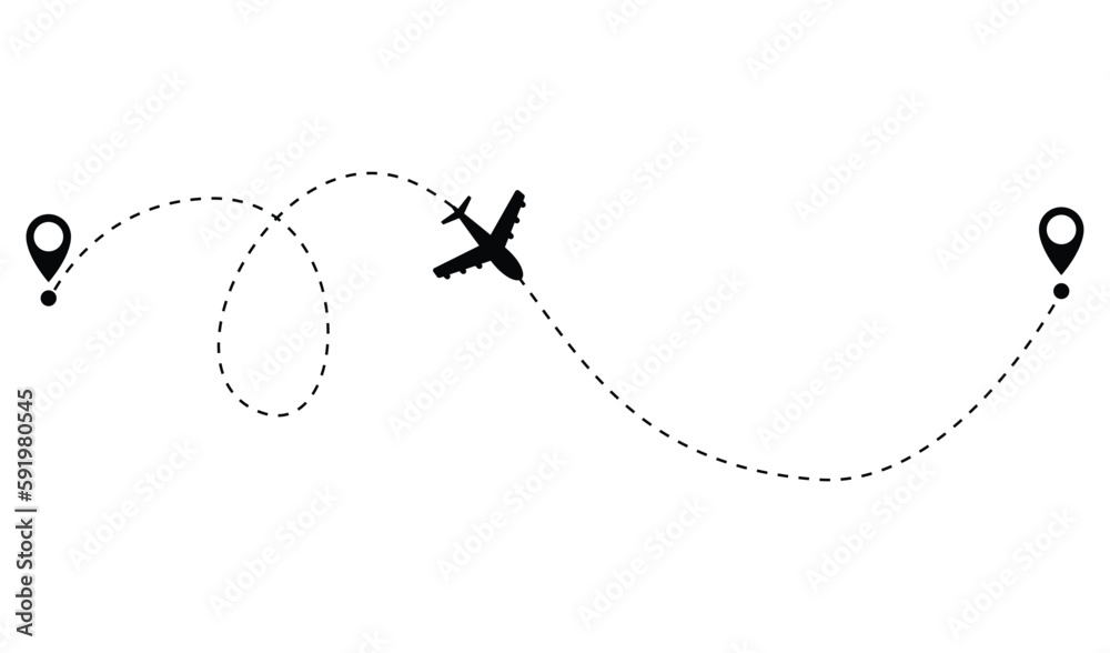 Airplane dotted route line. Path travel line shape. Flight route with start point and dash line trace for plane isolated vector illustration - obrazy, fototapety, plakaty 