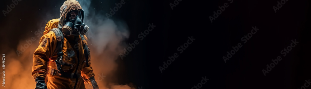 Fireman in protective suit, helmet and gas mask extinguishing flame. Dark background with smoke and fire. Banner, Copy space. Generative AI. High quality illustration