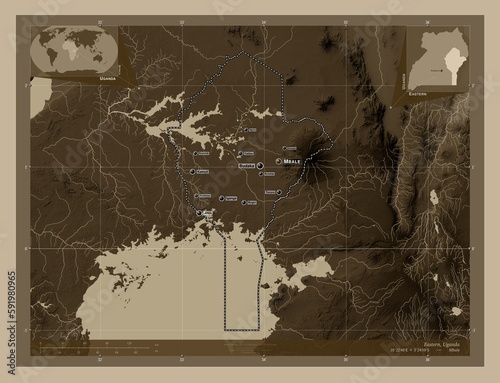 Eastern, Uganda. Sepia. Labelled points of cities photo