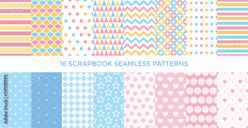 Baby textile seamless pattern collection. Set of geomteric sweet, stripe vector background. Wallpaper cover, scrappbooking paper or fabric cloth. Bright colorful childish geometry shapes