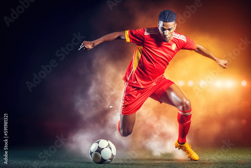 Epic Night Footballer in Red Jersey Running with Ball Amid Orange Smoke and Light in Stadium, Ad Campaign