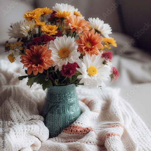 Colorful spring bouquet in a vase on a wooden table, AI generated