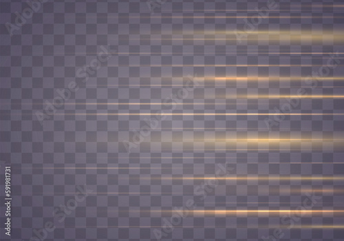 Light effect line streak. Yellow horizontal lens flares pack. Glowing streaks on transparent background. Beautiful glow light flare and spark. Vector illustration