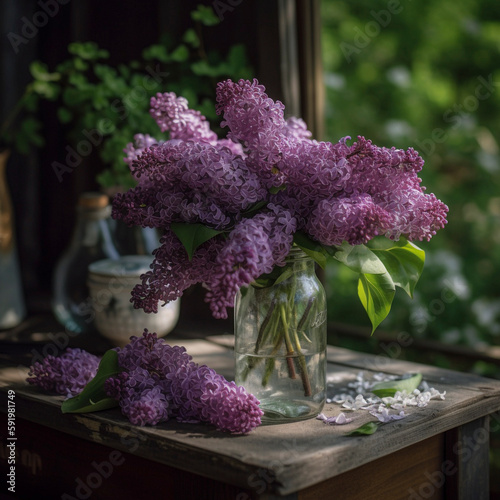 Lilacs in a vase on a wooden table, Ai generated