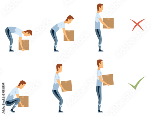Lifting technique safe movement. Safety. Correct and incorrect instruction for moving heavy packages for workers. Ergonomic movement for loading objects vector flat illustration
