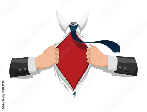 Opening shirt superhero. Office worker or businessman tearing his shirt to show text in flat cartoon style. Business success concept in pop art comic style. Vector illustration