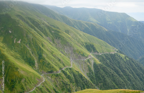 The winding road known as the Abano pass, considered one of the most dangerous roads in the world; Tusheti, Georgia